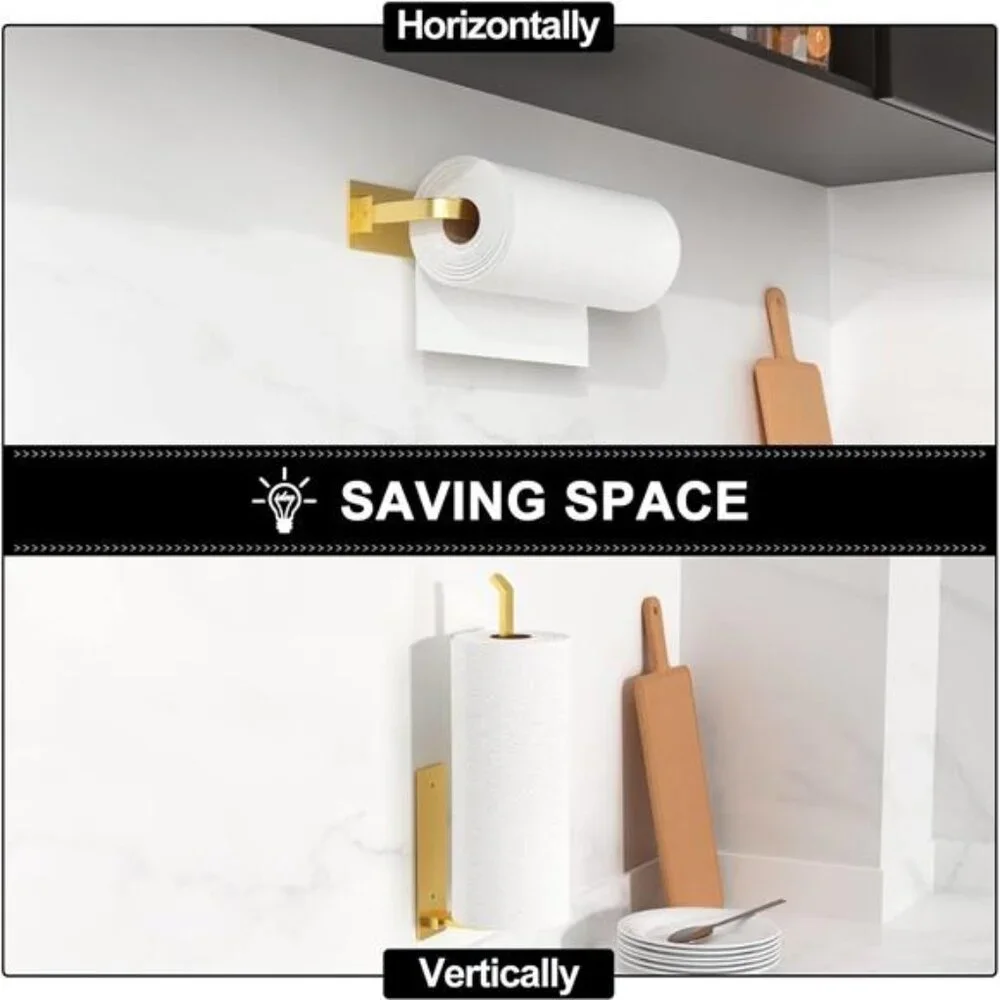 Paper Towel Holder - Self-Adhesive or Drilling, Gold, Upgraded Aluminum Kitchen